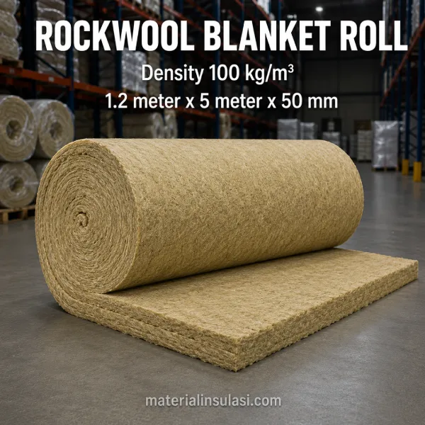 Rockwool Blanket Roll Density 100 kg/m³ Ukuran 1,2 × 5 Meter Tebal 50 mm